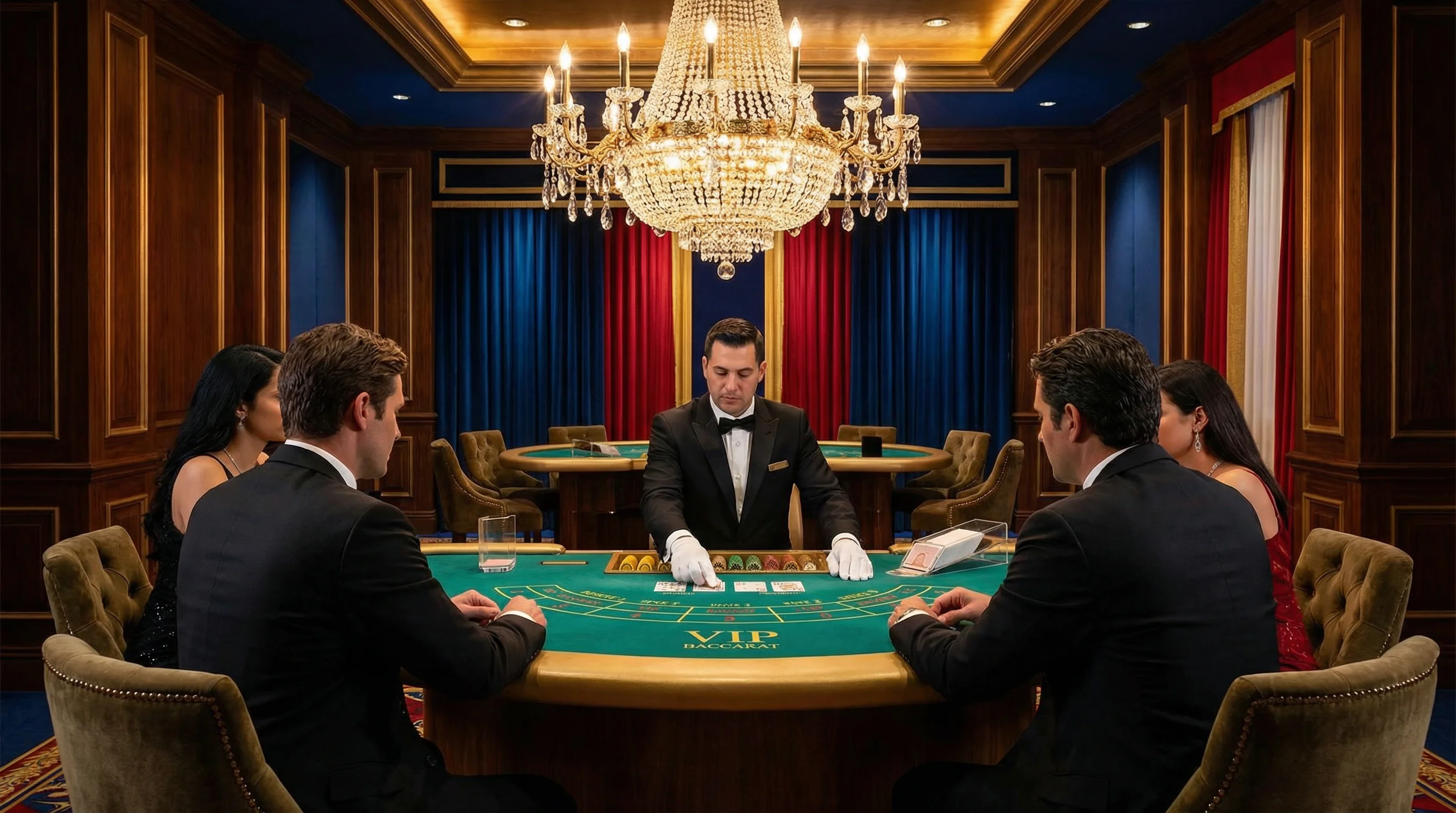 Mesa de bacará VIP con crupier profesional en sala privada de casino