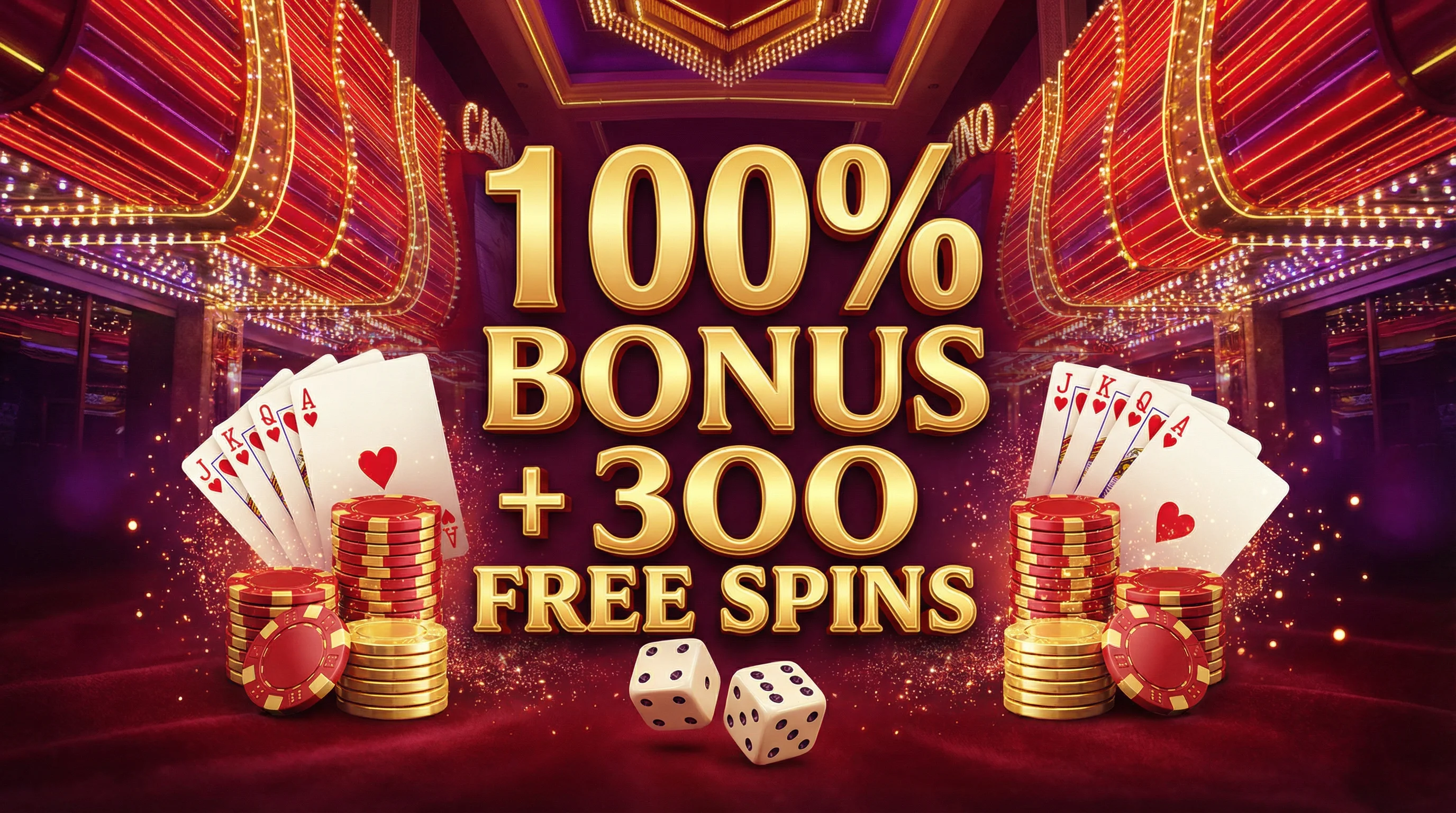 Banner de bono de bienvenida 100% más 300 tiros gratis